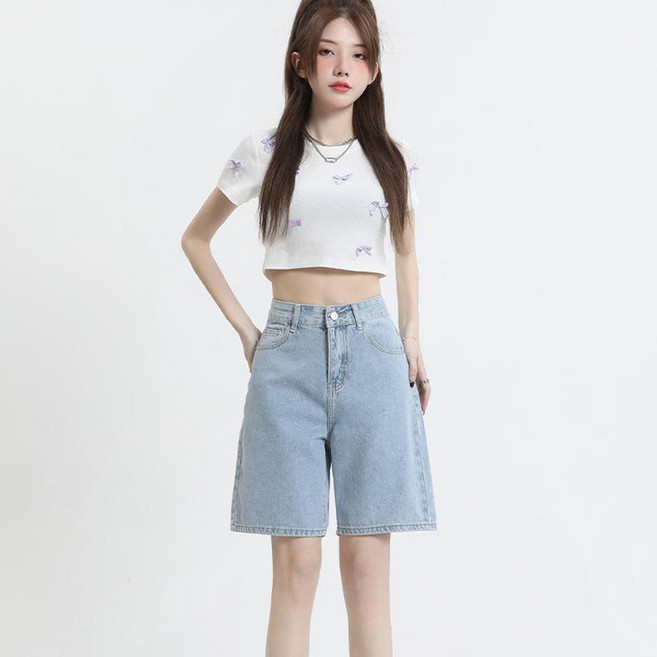 PEONIST 女款直筒五分牛仔褲