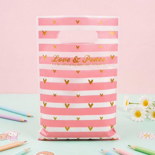 좋은기븐 손잡이 비닐 봉투 소, 하트스트라이프 핑크, 60개