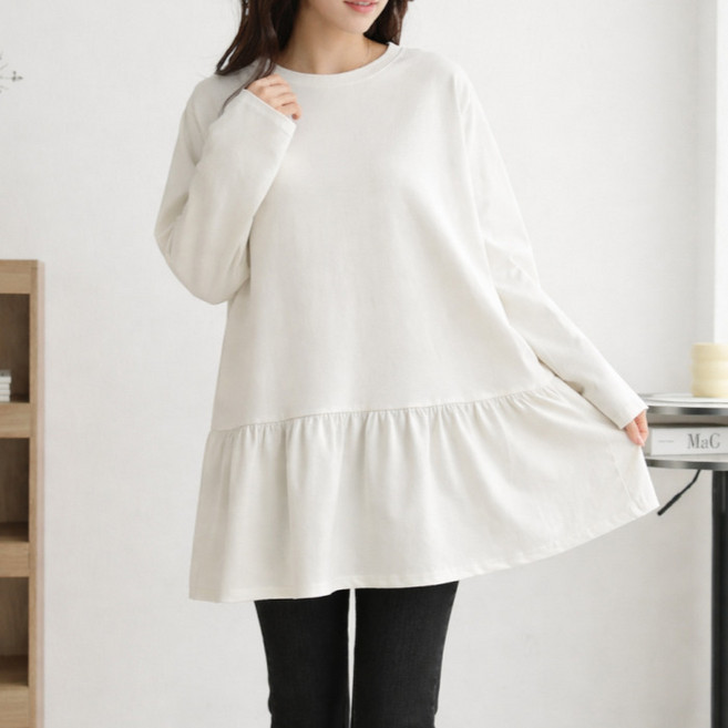 라라온 여성용 면 라운드넥 프릴 긴팔 박스 티셔츠 26TSP3766