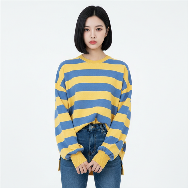 Marketpia 女款條紋圓領燈籠袖T恤