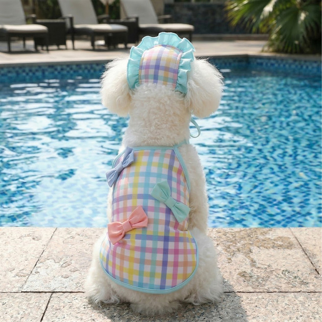 웨이비데이즈 반려동물 레인보우 체크 리본 수영복 + 모자 세트 W265-0160BUXS, 블루, 1세트