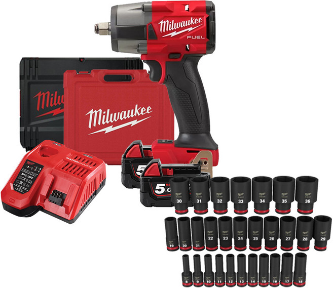 밀워키 18V FUEL 미드토크 임팩트 렌치2 1.3cm 세트 M18 FMTIW2F12(M18 FMTIW2F12-502X) + 밀워키 1.3cm 임팩트 롱 소켓 세트 49-66-7015, 1세트