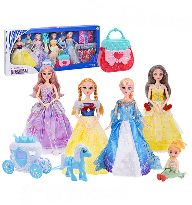 冰雪魔法公主娃娃4件組 衣服 10件 + 配件手提包 + 魔法棒 + 南瓜馬車 0223, 1套, 顏色隨機