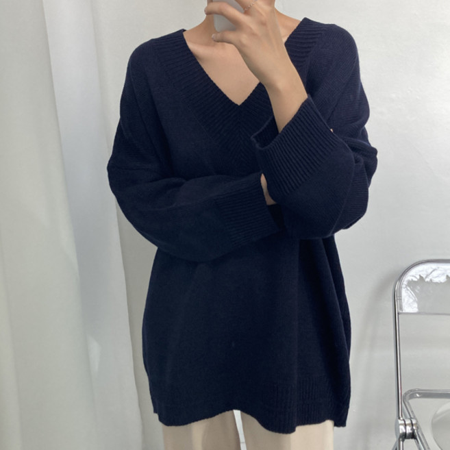 뜨개진 여성용 오버핏 러마트 딥 브이넥 롱 니트