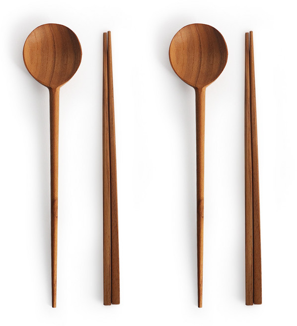 나무공방 티크우드 통원목 피크 2인 수저 세트, 숟가락 2p + 젓가락 2p