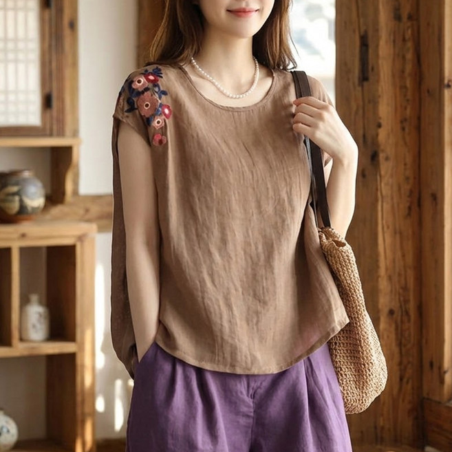 인피어스 여성용 중년 얇은 빅사이즈 플라워 여름 반팔 티셔츠 I263-0137