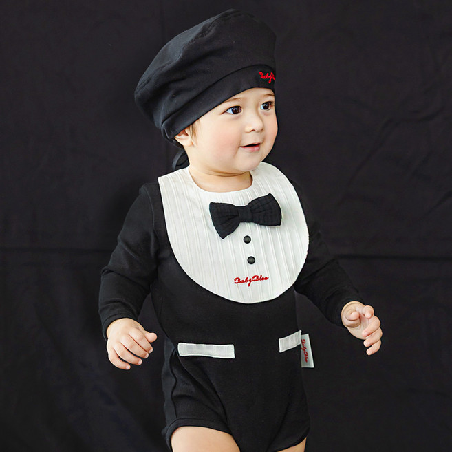 베이비블리 신생아용 턱시도 바디슈트 + 턱받이 세트