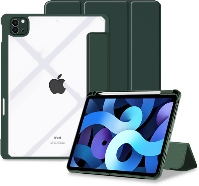아이엠듀 아이패드 애플펜슬 수납 클리어 스마트커버 분리형 케이스, 딥그린