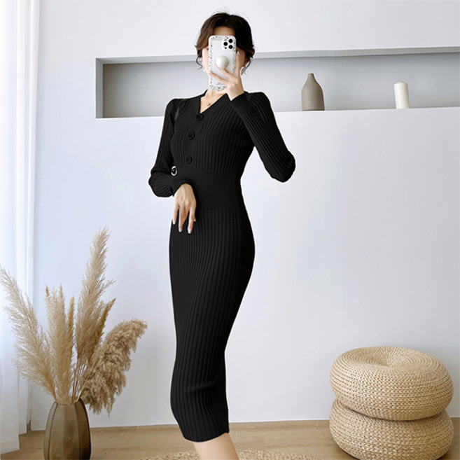 LUNA GIRL 修身V領針織連身裙, 黑色