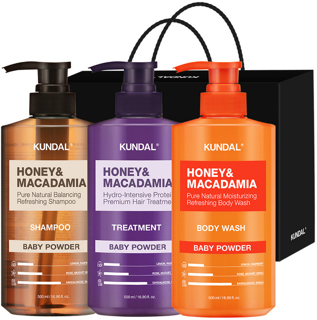 쿤달 샴푸 500ml + 트리트먼트 500ml + 바디워시 500ml 3구 선물세트 B 베이비파우더 + 쇼핑백 블랙, 1세트
