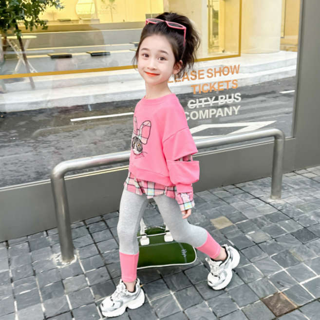 오렌지다몸 여아용 체크 리본 냥이 티셔츠 + 레깅스 상하의 세트