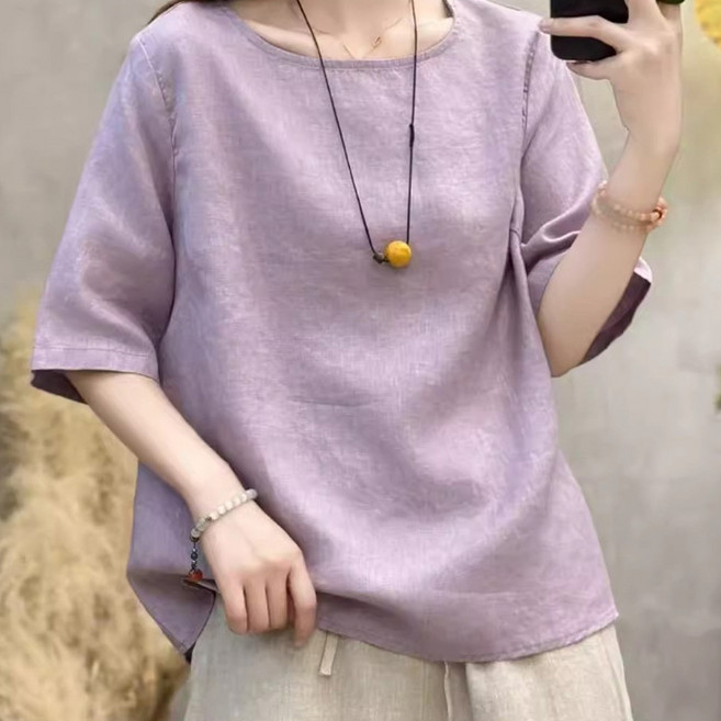 반야스토리 여성용 루즈핏 린넨 반팔 티셔츠 QQ87