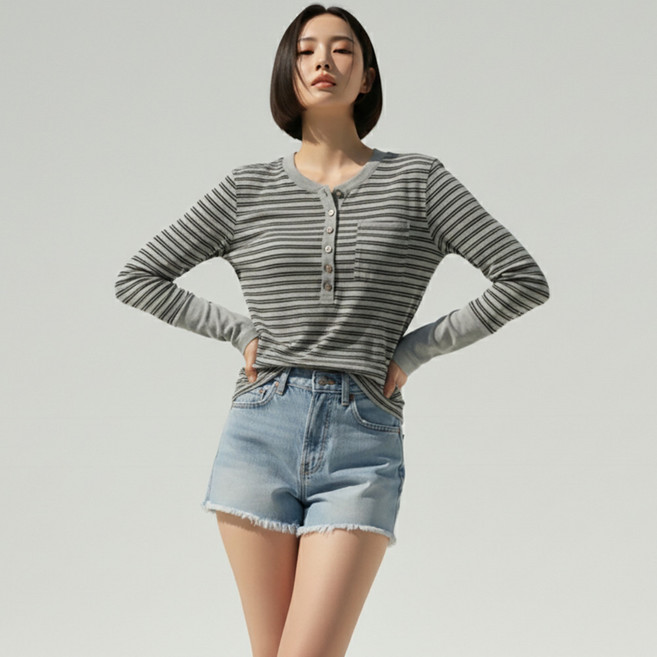 메이첼 여성용 하엔 스트라이프 슬림 헨리넥 버튼 티셔츠 12461