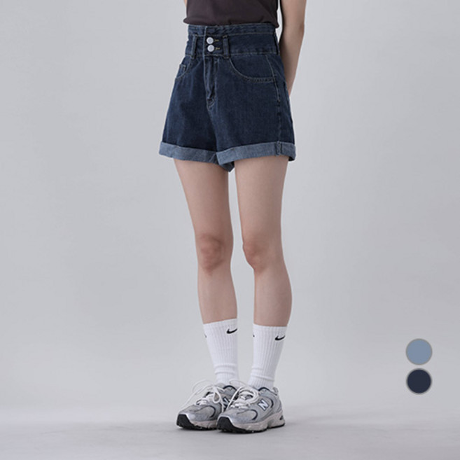 Awesomearound 女款高腰雙扣捲邊牛仔短褲