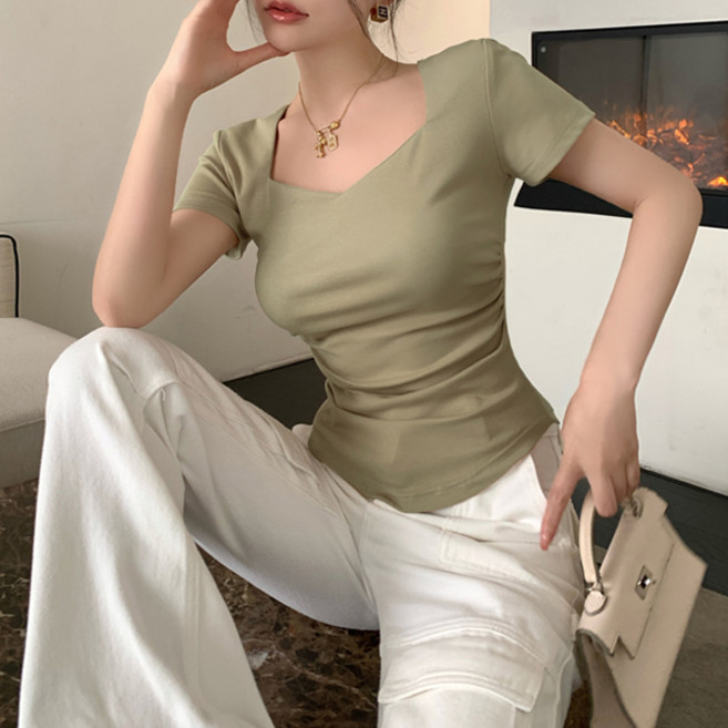 어썸풀 여성용 카파테페 셔링 스퀘어넥 슬림 티셔츠 A26SMT031041