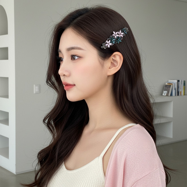 미다미 플라워 큐빅 데일리 헤어 고급 반묶음 자동핀 1663 + 지퍼백 세트
