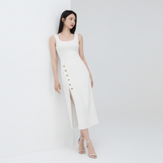 구디프 여성용 U넥 사이드버튼 슬림핏 민소매 니트 원피스