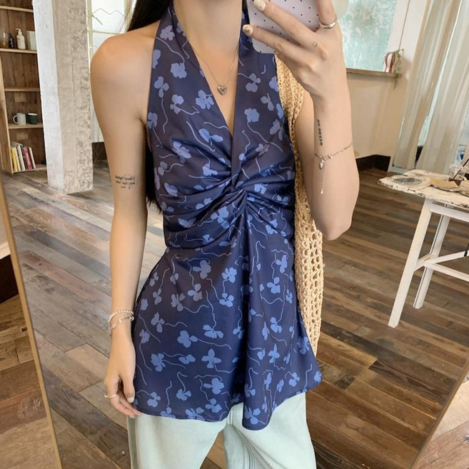 닷이프 여성용 플로럴 브이넥 홀터 슬리브리스 D263-0158BU