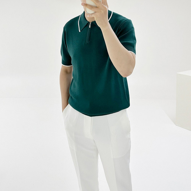 아도르클래식 남성용 카프리 카라넥 카라 지퍼 니트 반팔 티셔츠