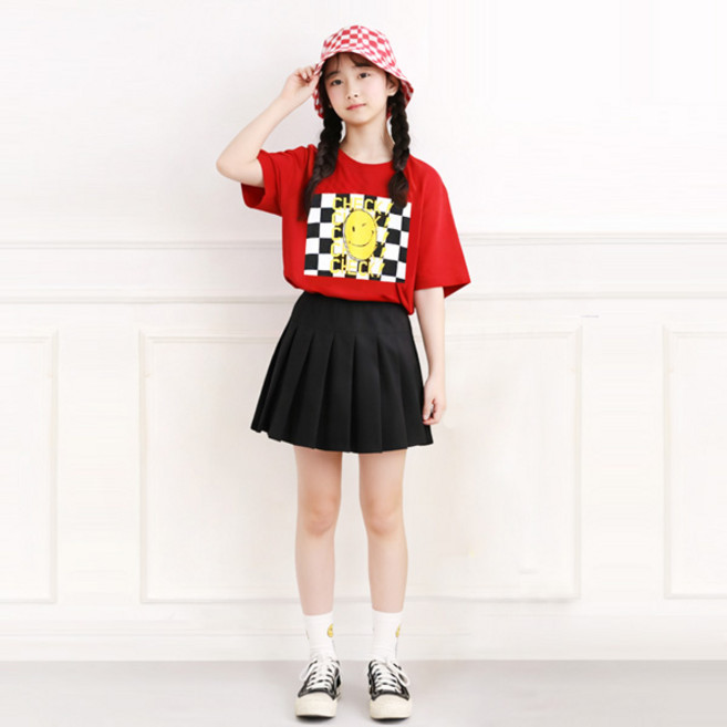 나나주니 라운드넥 윙크 체커 티셔츠 + 하이틴 스커트 세트