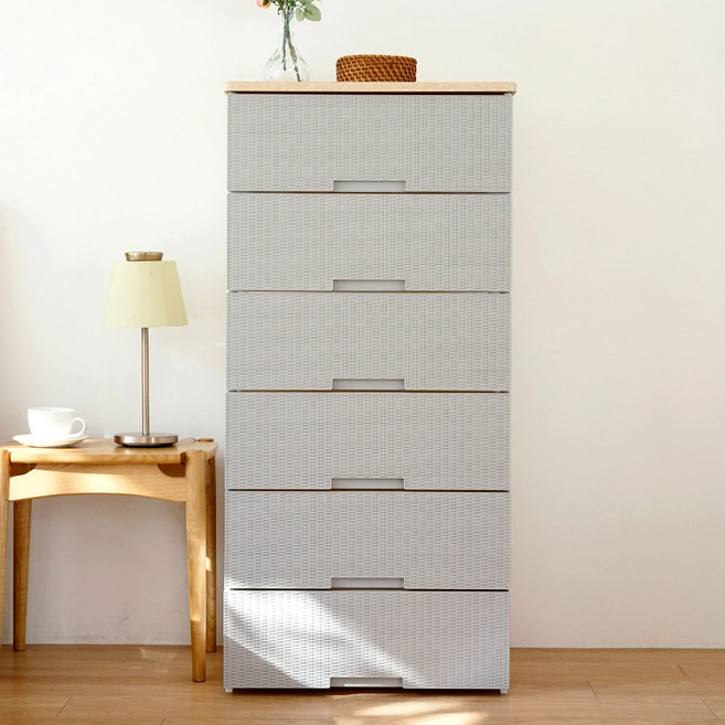 보노하우스 국내 제조 라탄플러스 우드상판 서랍장, 6단, 그레이