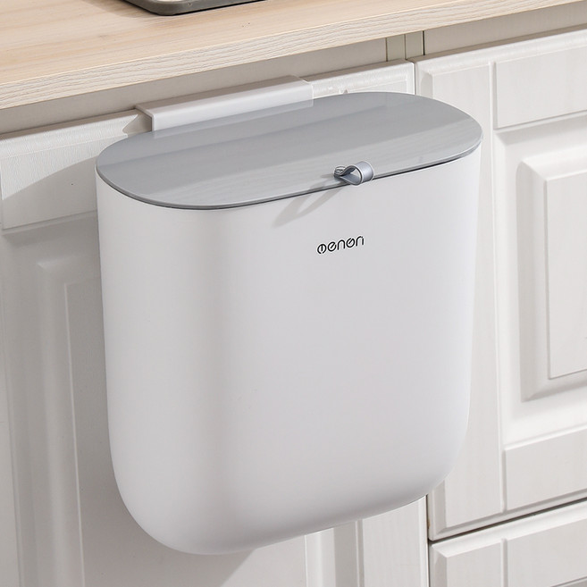 Menon 무타공 주방 걸이형 밀폐 일반 음식 쓰레기통 10L, 그레이 화이트