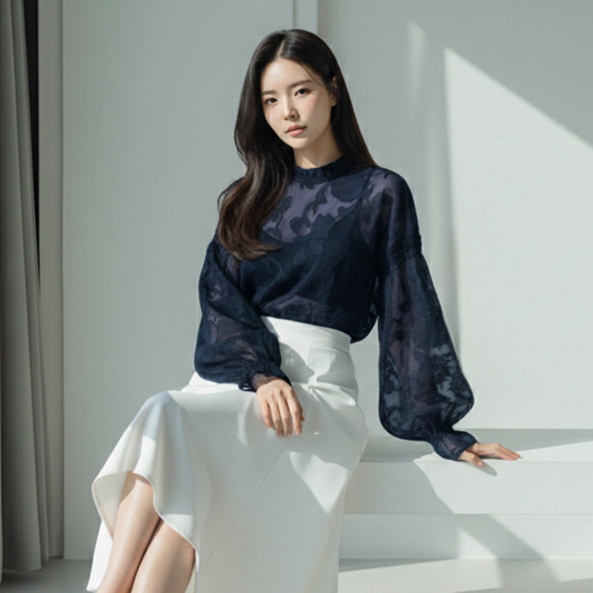 페이퍼먼츠 여성용 루이 투웨이 시스루 퍼프 블라우스 14011