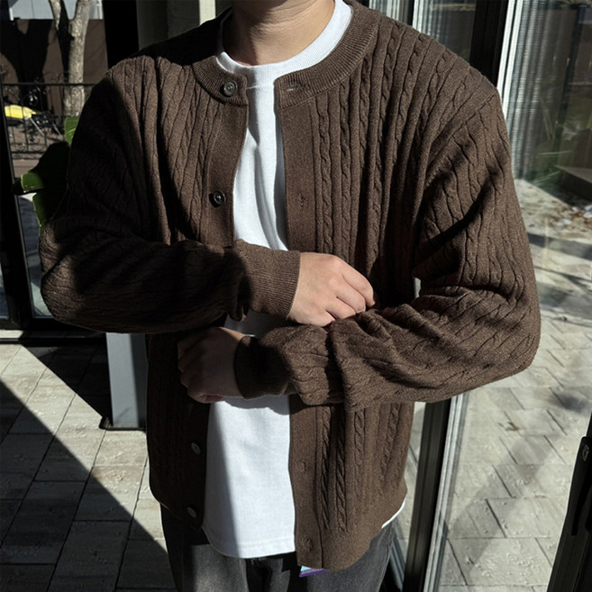 머시따 남성용 라운드 꽈배기 오버핏 니트 가디건