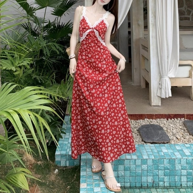 아이엠몽 여성용 슬림핏 브이넥 레이스 배색 플라워 패턴 슬리브리스 롱 원피스 R6H161