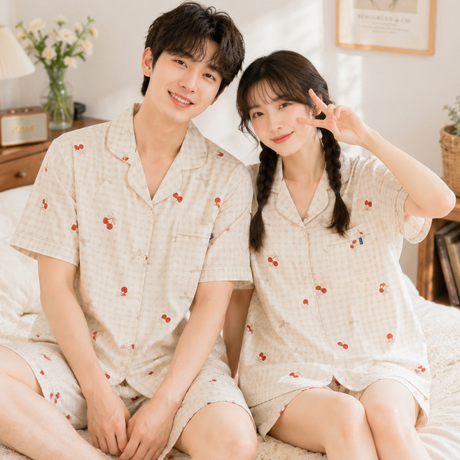 파란 커플용 체리리본 요루면 체크 시원한 반팔 잠옷 상의 하의