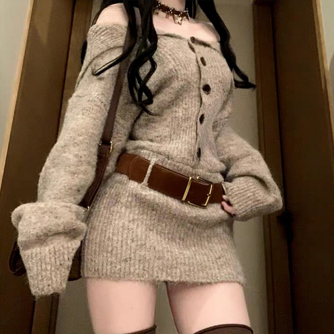 PEONIST 大翻領露肩針織迷你連身裙, 米色