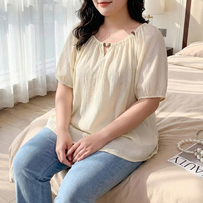 인피어스 빅사이즈 비즈 넥라인 데일리 반팔 블라우스 I263-0358