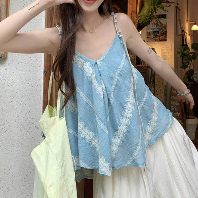 닷이프 여성용 해변 휴가 루즈핏 끈 슬리브리스 D263-0156BU