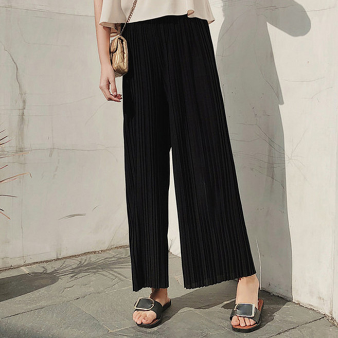 엘쏘 여성용 쿨링 주름 플리츠 하이웨스트 밴딩 와이드 팬츠