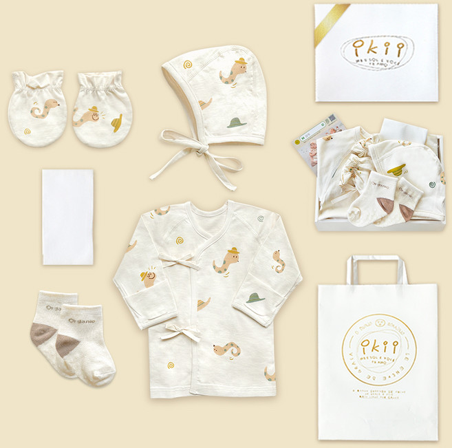 ikii 유아용 오가닉 사계절용 배냇저고리 긴소매 5종 출산세트 + 쇼핑백