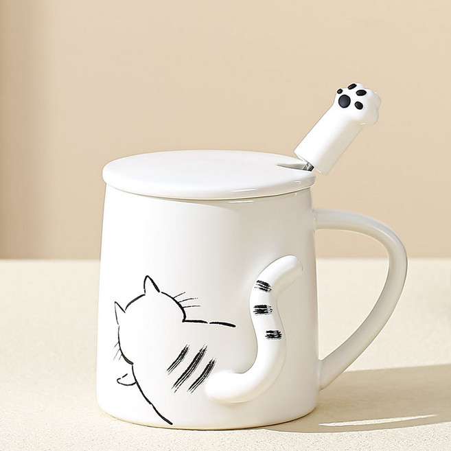 모던지 꼬리치는 냥이컵 8 x 9 cm + 뚜껑 + 수저 세트 YJ748, A, 1세트
