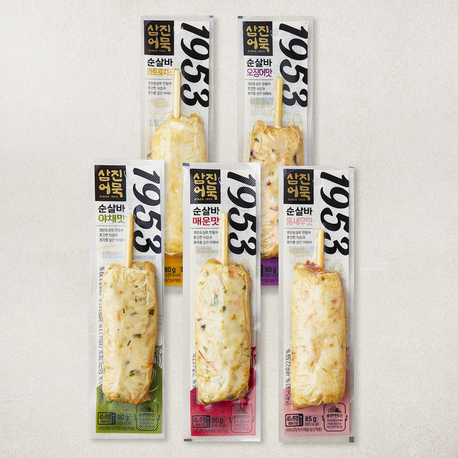 삼진어묵 1953 순살바 야채맛 80g + 오징어맛 80g + 매운맛 80g + 콰트로치즈맛 80g + 통새우맛 85g 세트, 405g, 1세트