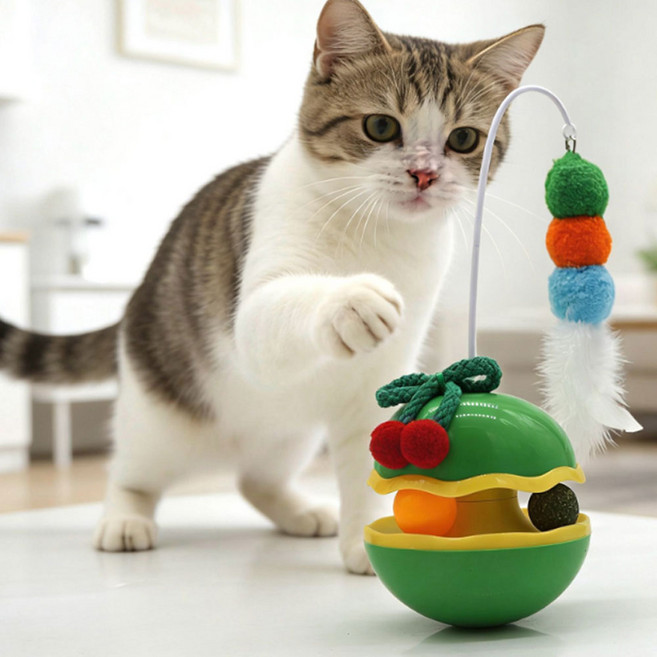 딩동펫 고양이 리본 깃털 오뚝이 트랙볼 장난감, 그린, 1개