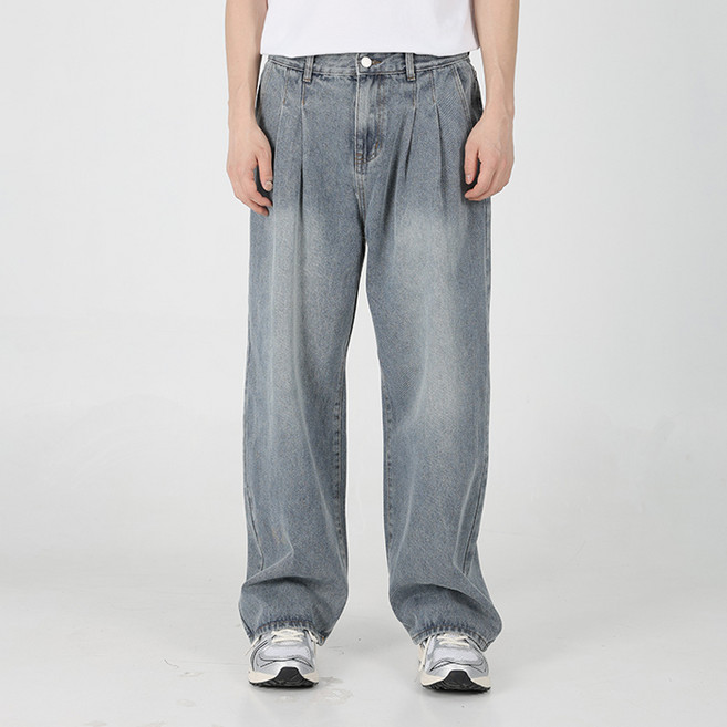 플레이즈 남성용 투핀턱 루즈핏 롱 와이드 데님 팬츠