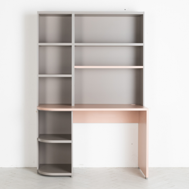 리바트 프레일 1200 전면책상 우형 방문설치, 핑크(상판) + 그레이(책장)