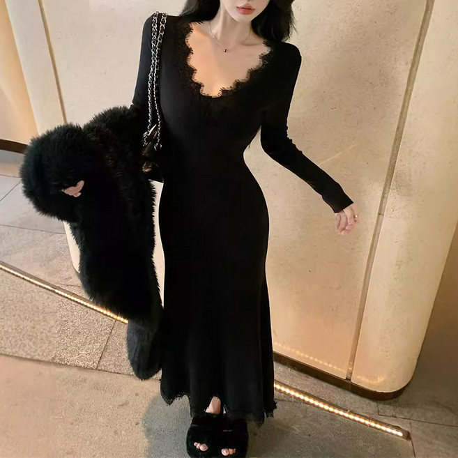 마켓에이 여성용 레이스 넥 섹시 슬림 롱 원피스 M263-0031