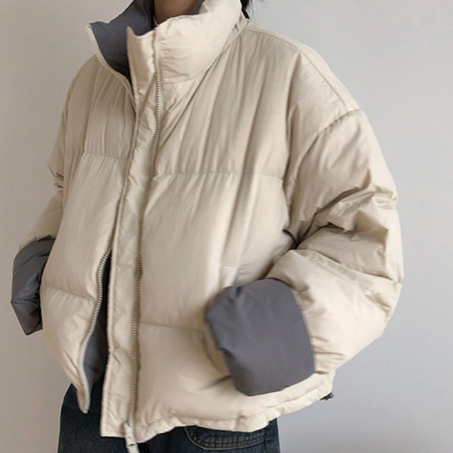 女性時尚潮流撞色寬鬆短版羽絨外套 高領冬季夾克