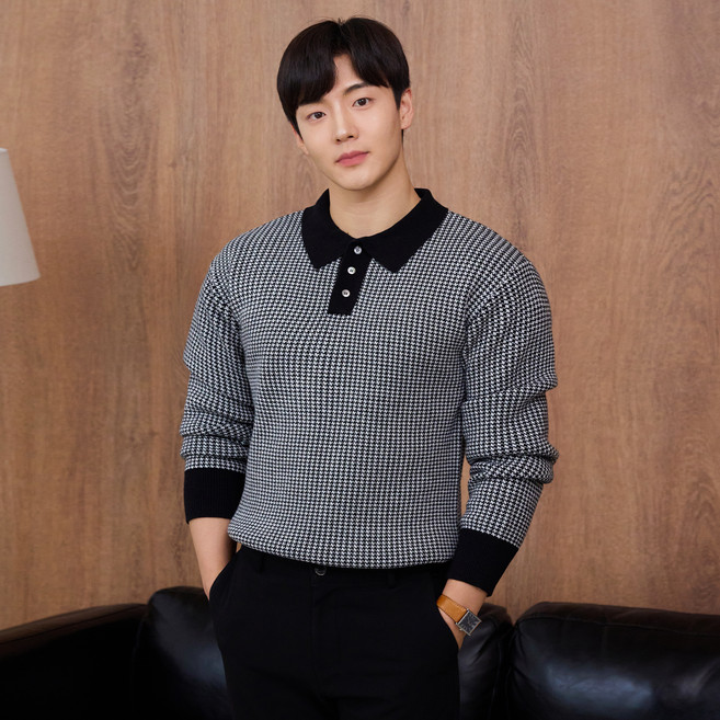 핵쿨남 남성용 올드머니룩 어깨넓어보이는 고밀도 머슬핏 긴팔 카라 니트