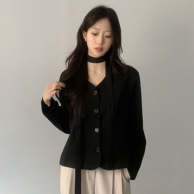 플랜데이 여성용 깔끔핏 타이 원스 노카라 브이넥 데일리 자켓