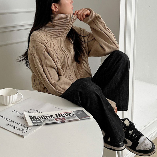 뜨개진 여성용 꽈배기 터틀넥 카라 니트 집업 메티스 가디건