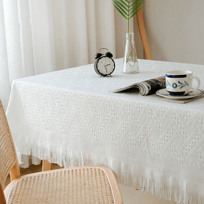 맙소샵 빈티지 태슬 자카드 테이블보 HR2701, 화이트, 1개, 90 x 180 cm