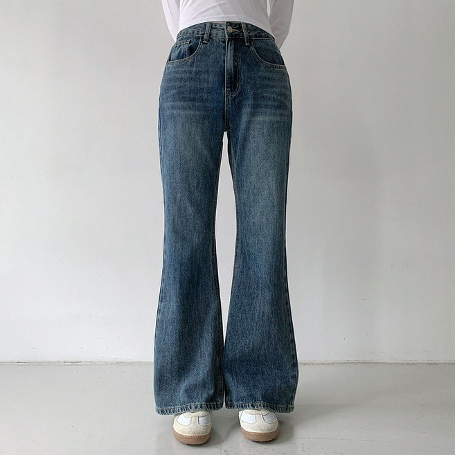 플랜데이 여성용 롱/숏 기장 바넷 여유핏 플레어진 워싱 데님 팬츠