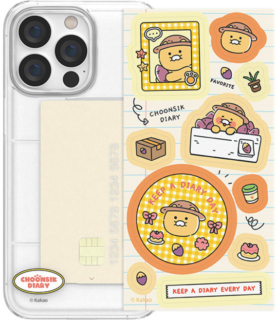 아이컬러즈 카카오프렌즈 춘식이 다이어리 스티커 + 반투명 슬림카드 휴대폰 케이스 세트