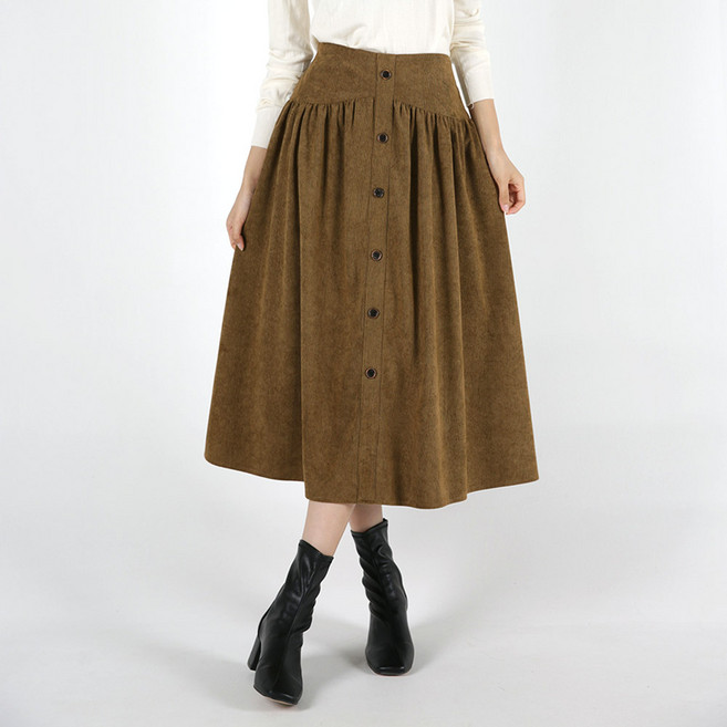 디어로라 여성용 코듀로이 버튼 장식 플레어 롱 스커트 RB_SK007