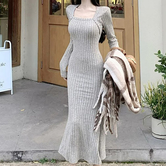 마켓에이 여성용 골지 스퀘어 슬림 니트 롱원피스 M263-0030